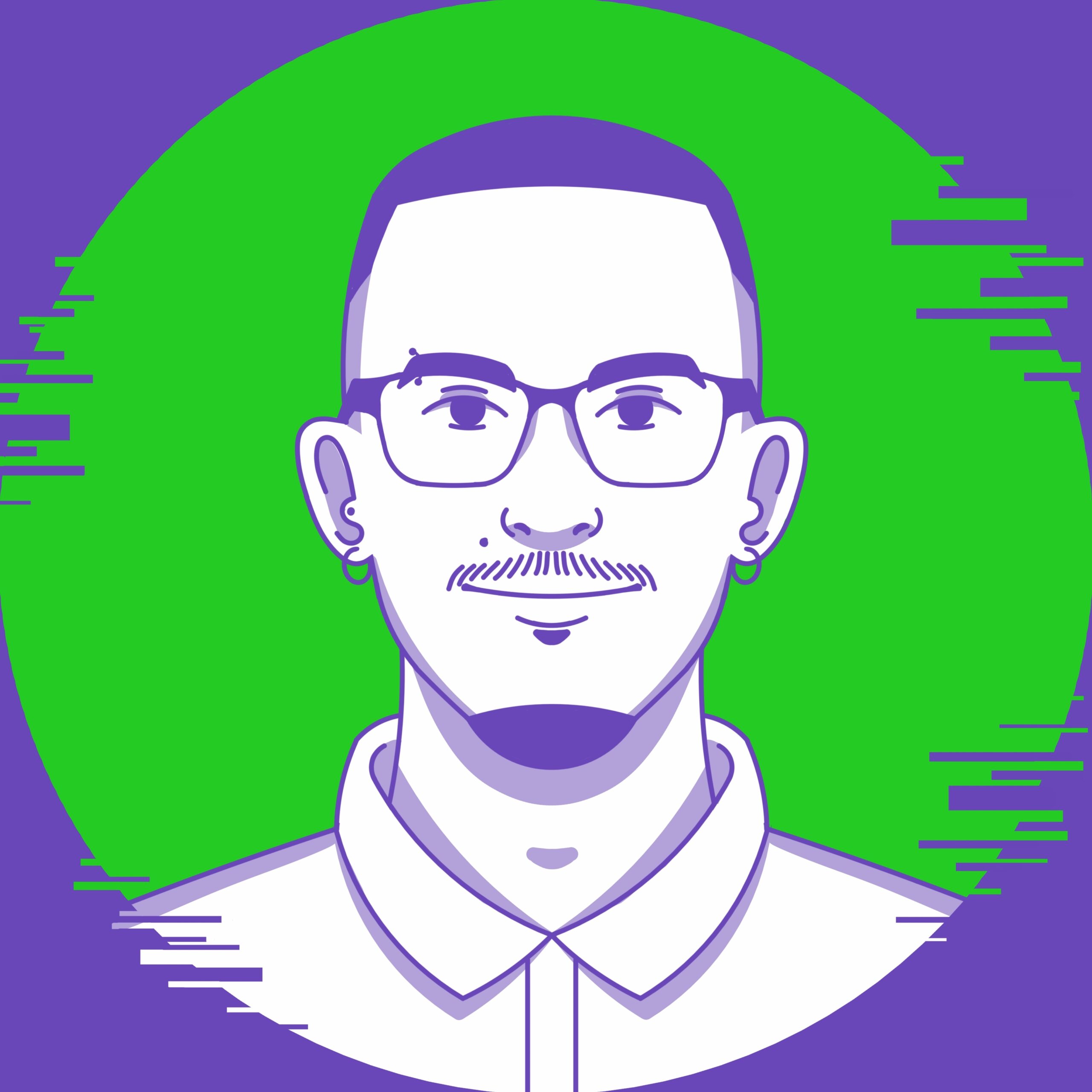 Foto perfil em flat design de Mauricio Ruviaro olhando para a frente, nas cores verde, roxo e branco.